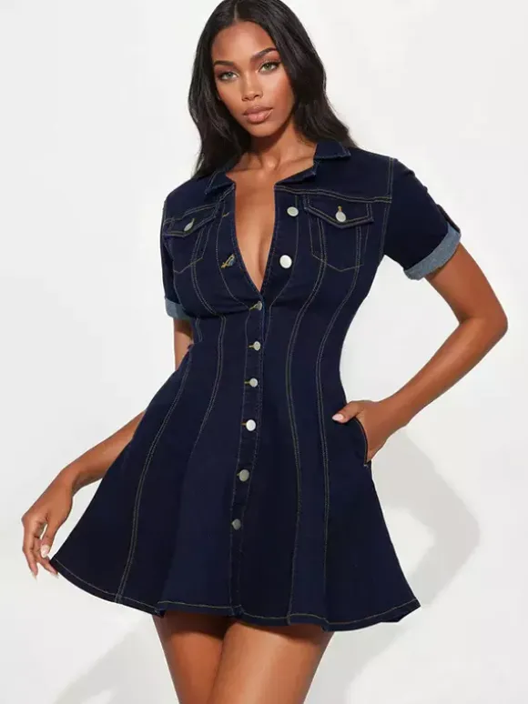Short Sleeve Mini Denim Dress For Women - Blue Sexy V-Neck Fit And Flare Button Up Jean Skater Dress - Summer Casual Party 2026