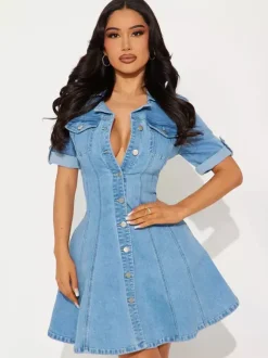 Short Sleeve Mini Denim Dress For Women - Blue Sexy V-Neck Fit And Flare Button Up Jean Skater Dress - Summer Casual Party 2026