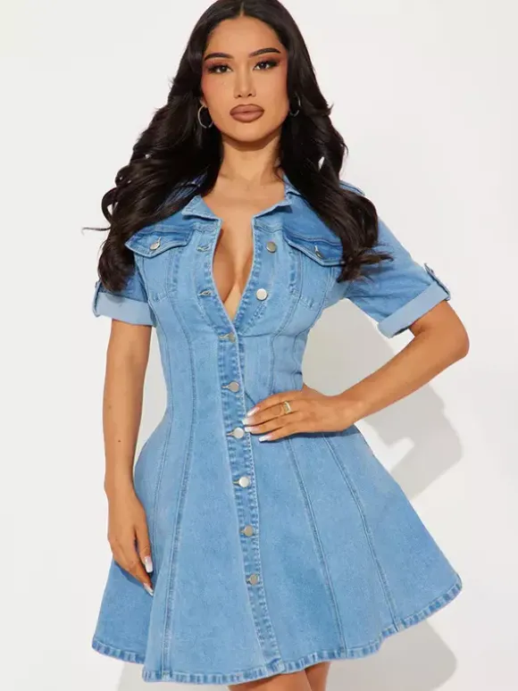 Short Sleeve Mini Denim Dress For Women - Blue Sexy V-Neck Fit And Flare Button Up Jean Skater Dress - Summer Casual Party 2026