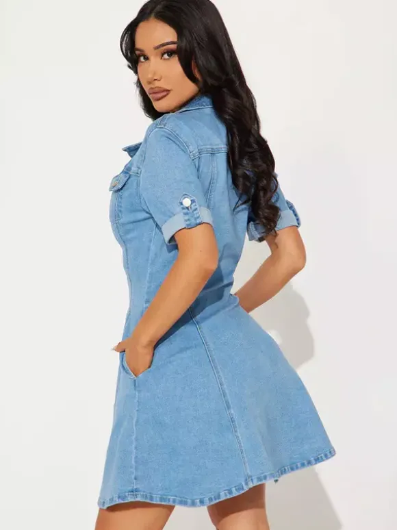 Short Sleeve Mini Denim Dress For Women - Blue Sexy V-Neck Fit And Flare Button Up Jean Skater Dress - Summer Casual Party 2026
