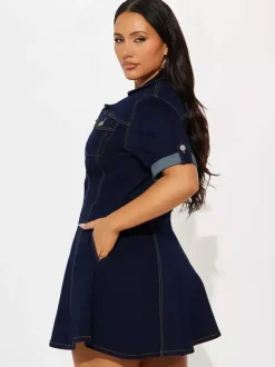 Short Sleeve Mini Denim Dress For Women - Blue Sexy V-Neck Fit And Flare Button Up Jean Skater Dress - Summer Casual Party 2026