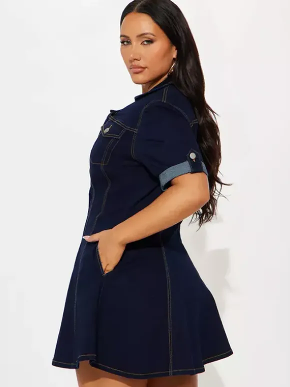 Short Sleeve Mini Denim Dress For Women - Blue Sexy V-Neck Fit And Flare Button Up Jean Skater Dress - Summer Casual Party 2026