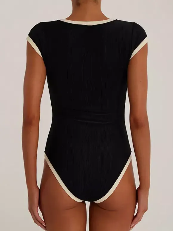 Short Sleeves Bodysuit Black Jewel Neck Buttons Athletic Women Top