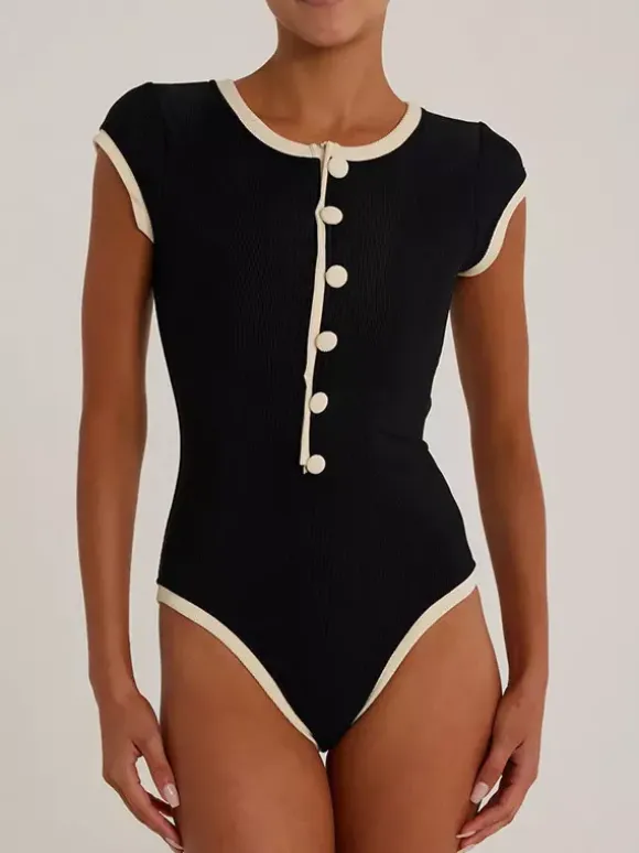Short Sleeves Bodysuit Black Jewel Neck Buttons Athletic Women Top