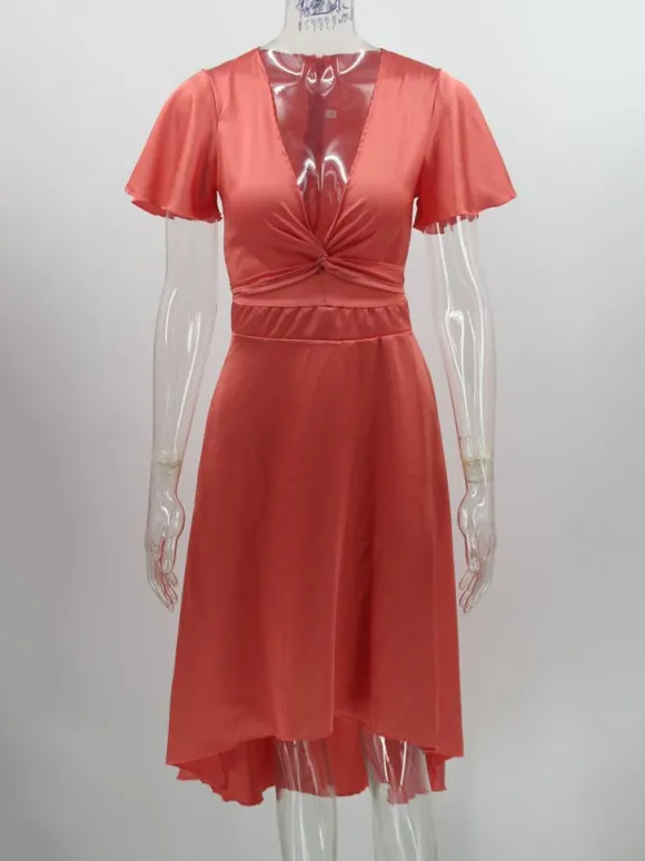 Short Sleeves Midi Dresses V-Neck Knotted High Low Design