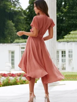 Short Sleeves Midi Dresses V-Neck Knotted High Low Design