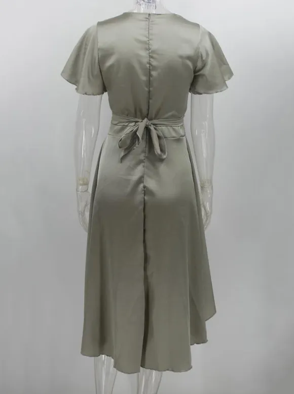 Short Sleeves Midi Dresses V-Neck Knotted High Low Design