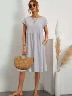 Short Sleeves Midi Shift Dress for Women - Minimalist Solid Color Loose T-shirt Dress with Pockets - Summer Daily Casual 2026