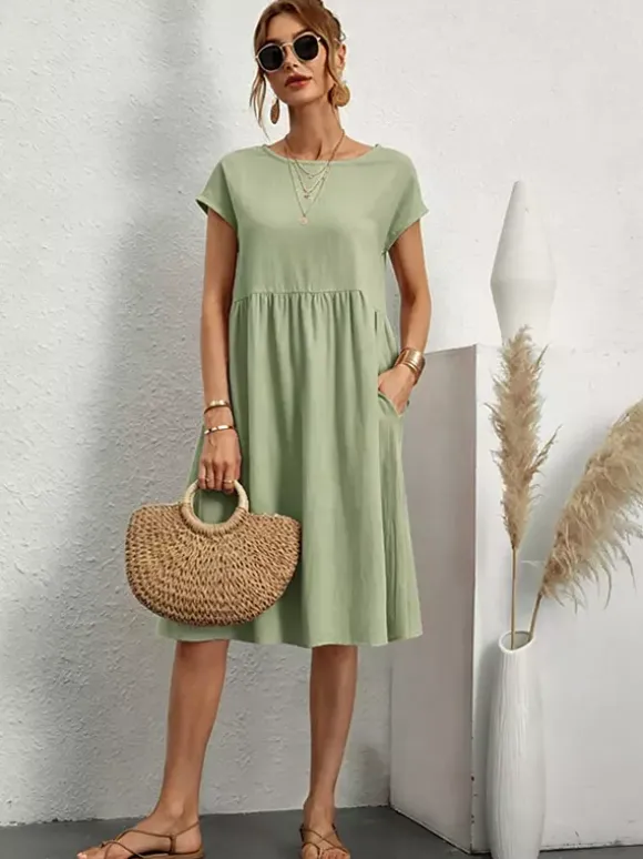 Short Sleeves Midi Shift Dress for Women - Minimalist Solid Color Loose T-shirt Dress with Pockets - Summer Daily Casual 2026