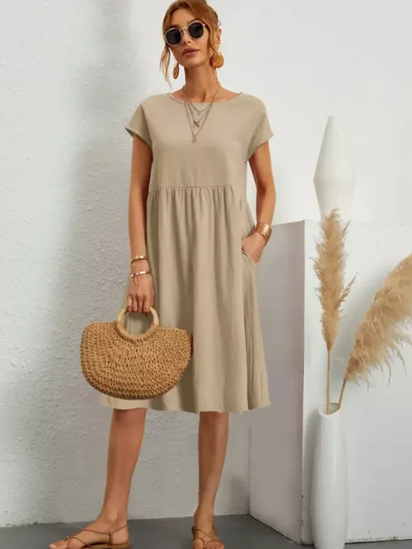 Short Sleeves Midi Shift Dress for Women - Minimalist Solid Color Loose T-shirt Dress with Pockets - Summer Daily Casual 2026