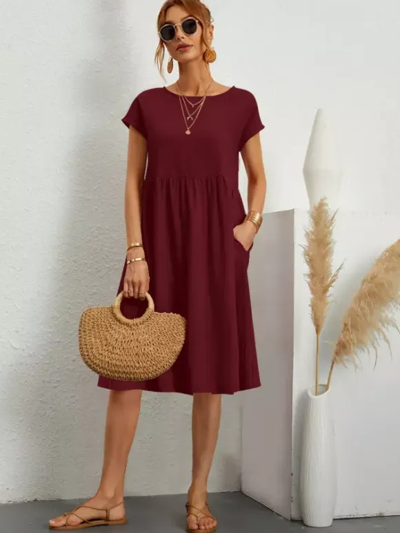 Short Sleeves Midi Shift Dress for Women - Minimalist Solid Color Loose T-shirt Dress with Pockets - Summer Daily Casual 2026