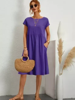 Short Sleeves Midi Shift Dress for Women - Minimalist Solid Color Loose T-shirt Dress with Pockets - Summer Daily Casual 2026