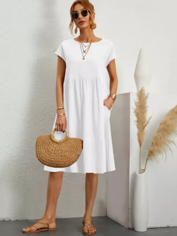 Short Sleeves Midi Shift Dress for Women - Minimalist Solid Color Loose T-shirt Dress with Pockets - Summer Daily Casual 2026