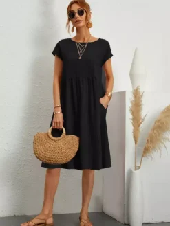 Short Sleeves Midi Shift Dress for Women - Minimalist Solid Color Loose T-shirt Dress with Pockets - Summer Daily Casual 2026