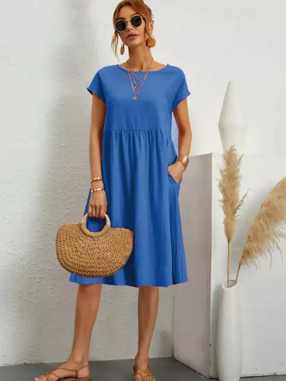 Short Sleeves Midi Shift Dress for Women - Minimalist Solid Color Loose T-shirt Dress with Pockets - Summer Daily Casual 2026