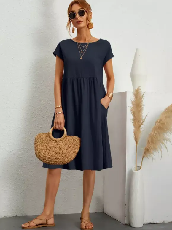 Short Sleeves Midi Shift Dress for Women - Minimalist Solid Color Loose T-shirt Dress with Pockets - Summer Daily Casual 2026