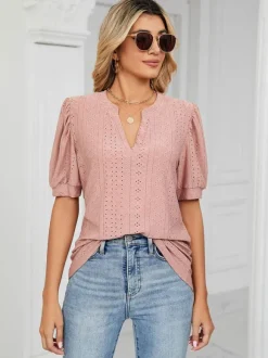 Short Sleeves Tees Blush Pink V-Neck Women Tee Shirt