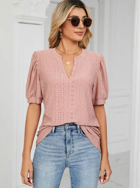 Short Sleeves Tees Blush Pink V-Neck Women Tee Shirt