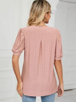 Short Sleeves Tees Blush Pink V-Neck Women Tee Shirt