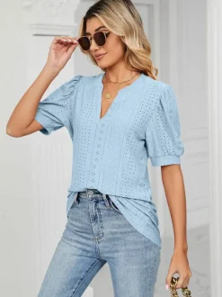 Short Sleeves Tees Blush Pink V-Neck Women Tee Shirt