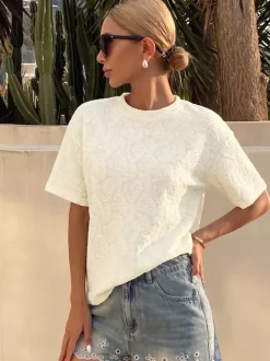 Short Sleeves Tees Light Apricot Jewel Neck Women T Shirt