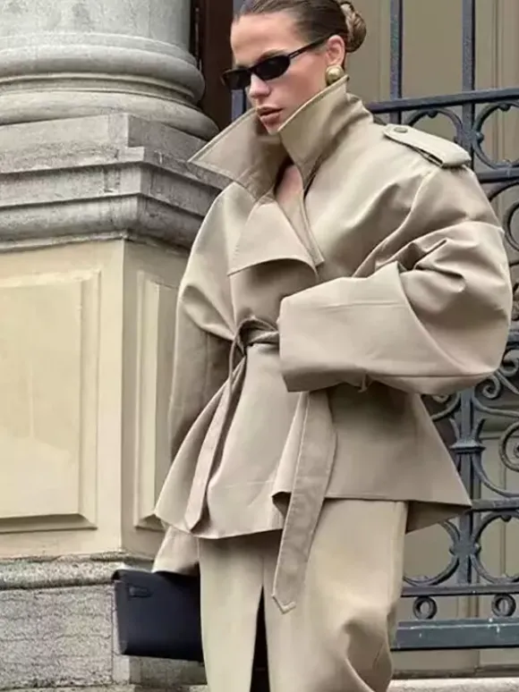 Short Trench Coat For Women - Khaki Chic Tie Waist Double Breasted Cropped Windbreaker - Spring Office Casual Outerwear 2026