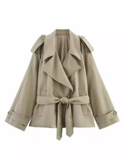 Short Trench Coat For Women - Khaki Chic Tie Waist Double Breasted Cropped Windbreaker - Spring Office Casual Outerwear 2026