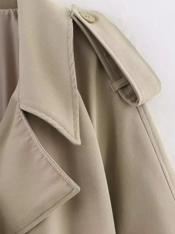 Short Trench Coat For Women - Khaki Chic Tie Waist Double Breasted Cropped Windbreaker - Spring Office Casual Outerwear 2026