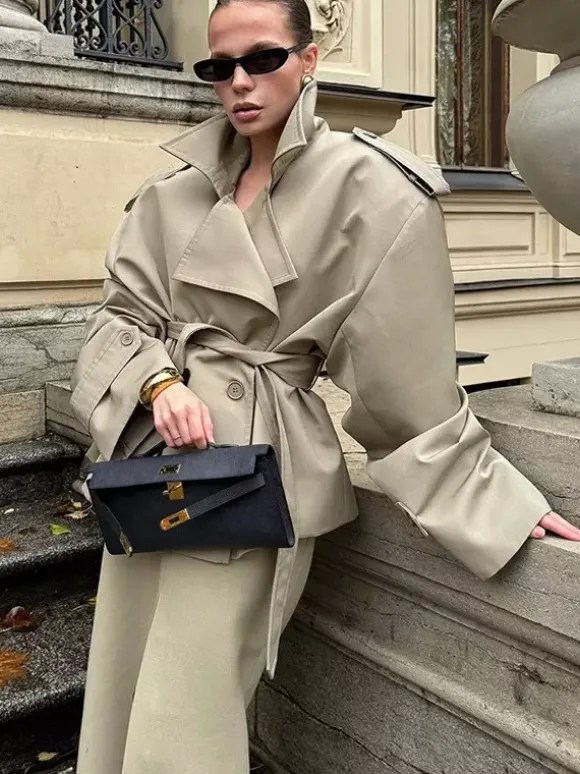 Short Trench Coat For Women - Khaki Chic Tie Waist Double Breasted Cropped Windbreaker - Spring Office Casual Outerwear 2026