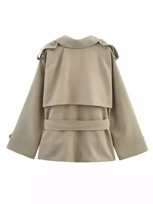 Short Trench Coat For Women - Khaki Chic Tie Waist Double Breasted Cropped Windbreaker - Spring Office Casual Outerwear 2026