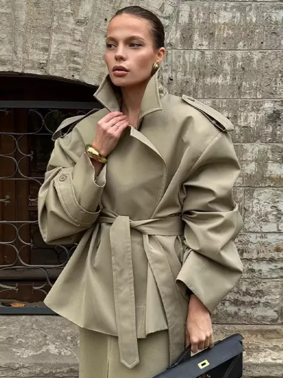 Short Trench Coat For Women - Khaki Chic Tie Waist Double Breasted Cropped Windbreaker - Spring Office Casual Outerwear 2026