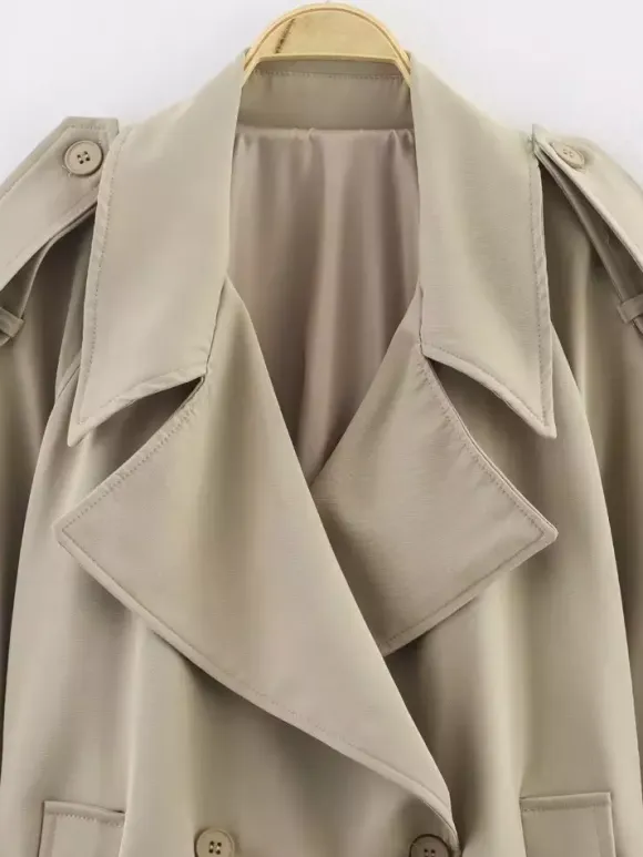 Short Trench Coat For Women - Khaki Chic Tie Waist Double Breasted Cropped Windbreaker - Spring Office Casual Outerwear 2026