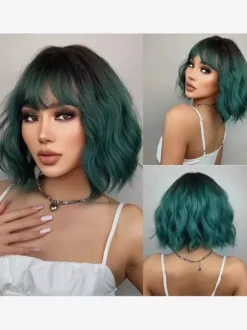 Short Water Wave Bob Synthetic Wig Air Bang Multi Bright Color Cosplay Hair Wig