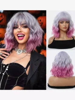Short Water Wave Bob Synthetic Wig Air Bang Multi Bright Color Cosplay Hair Wig