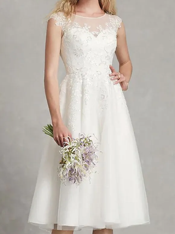 Short Wedding Dress A-Line Jewel Neck Sleeveless Applique Bridal Dresses