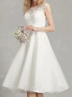 Short Wedding Dress A-Line Jewel Neck Sleeveless Applique Bridal Dresses