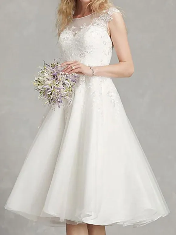 Short Wedding Dress A-Line Jewel Neck Sleeveless Applique Bridal Dresses