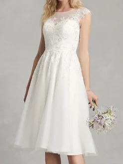 Short Wedding Dress A-Line Jewel Neck Sleeveless Applique Bridal Dresses