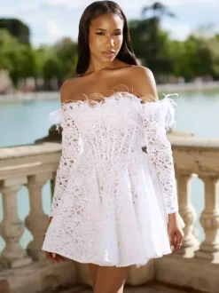 Short Wedding Dress Bateau Neck 3/4 Length Sleeves A-Line Short Bridal Dresses