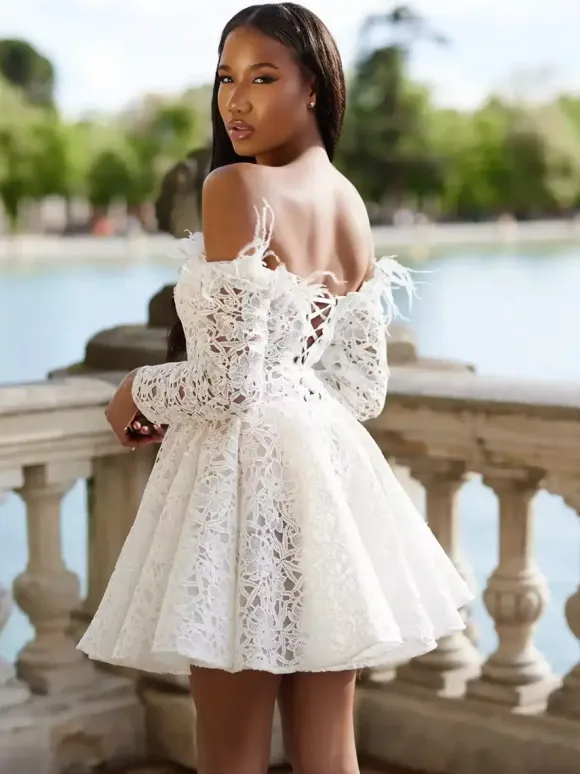 Short Wedding Dress Bateau Neck 3/4 Length Sleeves A-Line Short Bridal Dresses