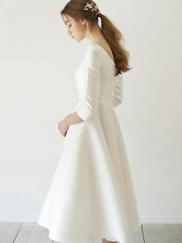 Short Wedding Dresses Jewel Neck 3/4 Length Sleeves A-Line Tea-Length Bridal Gowns