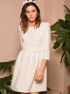 Short Wedding Dresses Jewel Neck 3/4 Length Sleeves A-Line Raised Waist Crepe Short Bridal Dress Free Customization