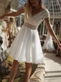 Short Wedding Dresses Knee-Length V-Neck Short Sleeves A-Line Lace Short Bridal Dress Free Customization