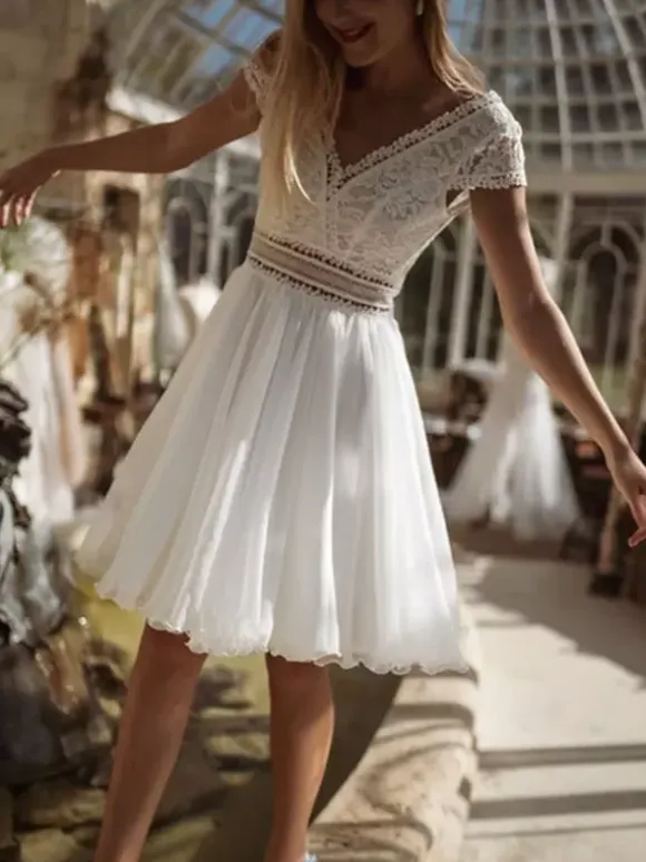 Short Wedding Dresses Knee-Length V-Neck Short Sleeves A-Line Lace Short Bridal Dress Free Customization