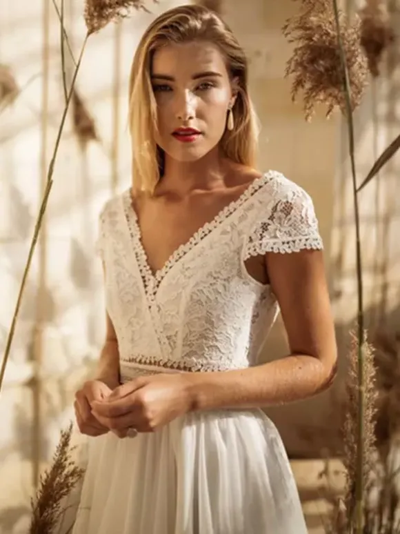 Short Wedding Dresses Knee-Length V-Neck Short Sleeves A-Line Lace Short Bridal Dress Free Customization