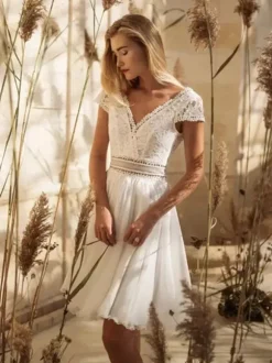 Short Wedding Dresses Knee-Length V-Neck Short Sleeves A-Line Lace Short Bridal Dress Free Customization
