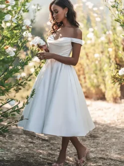 Short Wedding Dresses Off-The-Shoulder Sleeveless Short Tea-Length Bridal Dresses