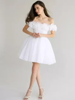 Short Wedding Dresses Short Bateau Neck Sleeveless Princess Silhouette Natural Waist Organza Short Bridal Dress