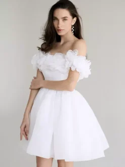 Short Wedding Dresses Short Bateau Neck Sleeveless Princess Silhouette Natural Waist Organza Short Bridal Dress