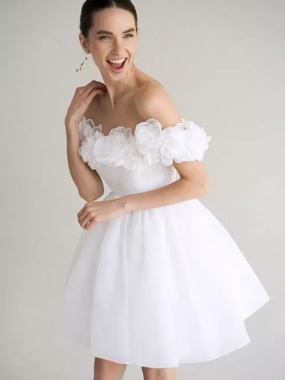 Short Wedding Dresses Short Bateau Neck Sleeveless Princess Silhouette Natural Waist Organza Short Bridal Dress